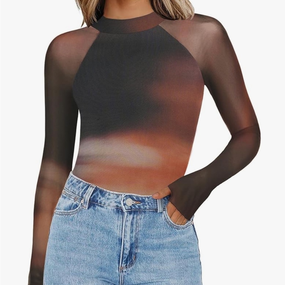 NWT Women’s Mesh Tie Dye Long Sleeve Top Brown Orange Black Size M